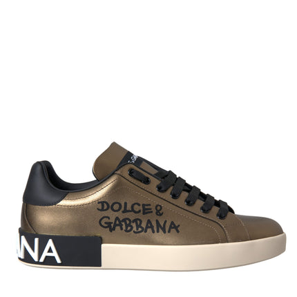 Gold Black Portofino Calf Leather Sneakers Shoes