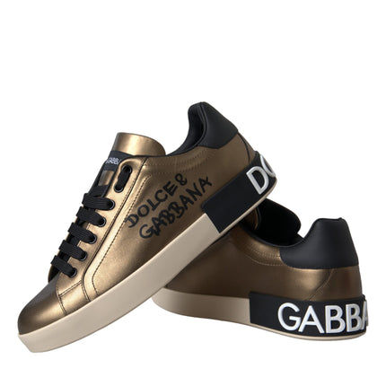 Gold Black Portofino Calf Leather Sneakers Shoes