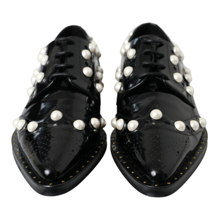 Black Leather Faux Pearl Dress Broque Shoes