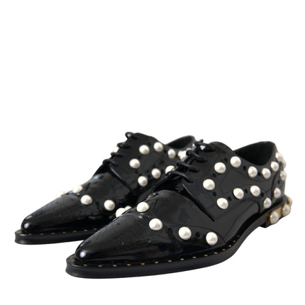 Black Leather Faux Pearl Dress Broque Shoes