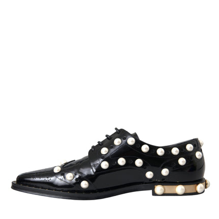 Black Leather Faux Pearl Dress Broque Shoes