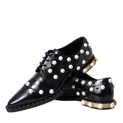 Black Leather Faux Pearl Dress Broque Shoes