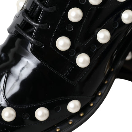 Black Leather Faux Pearl Dress Broque Shoes