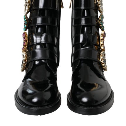 Black Leather Crystal Buckles Boots Shoes