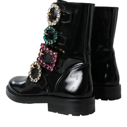 Black Leather Crystal Buckles Boots Shoes