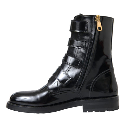 Black Leather Crystal Buckles Boots Shoes