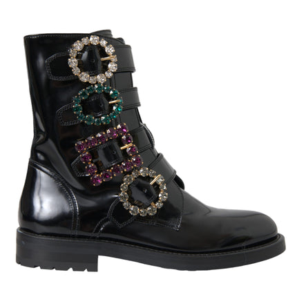 Black Leather Crystal Buckles Boots Shoes