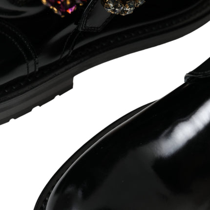 Black Leather Crystal Buckles Boots Shoes