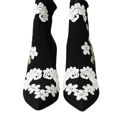 Black White Embroidery Slip On Boots Shoes