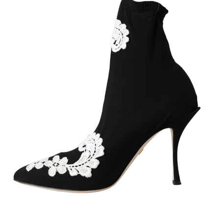 Black White Embroidery Slip On Boots Shoes