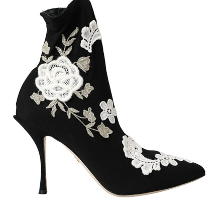 Black White Embroidery Slip On Boots Shoes