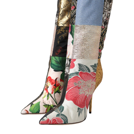 Multicolor Patchwork Print Heeled Boots Shoes