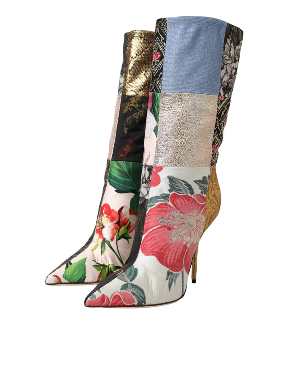 Multicolor Patchwork Print Heeled Boots Shoes