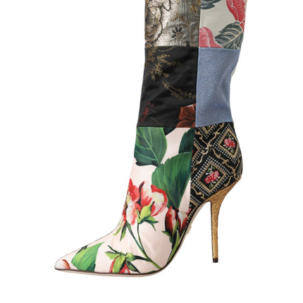 Multicolor Patchwork Print Heeled Boots Shoes