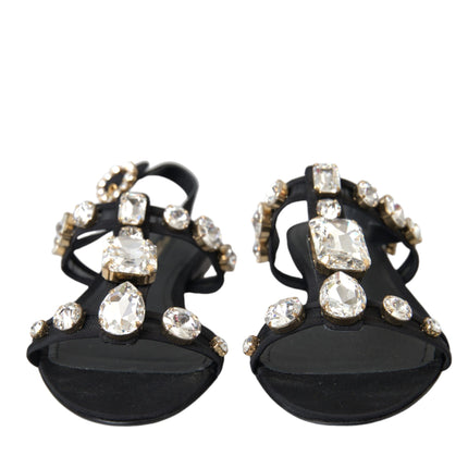 Black Leather Crystal Flats Sandals Shoes