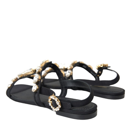 Black Leather Crystal Flats Sandals Shoes