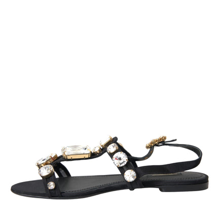 Black Leather Crystal Flats Sandals Shoes