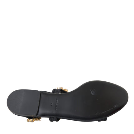 Black Leather Crystal Flats Sandals Shoes