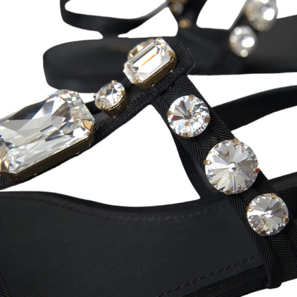 Black Leather Crystal Flats Sandals Shoes