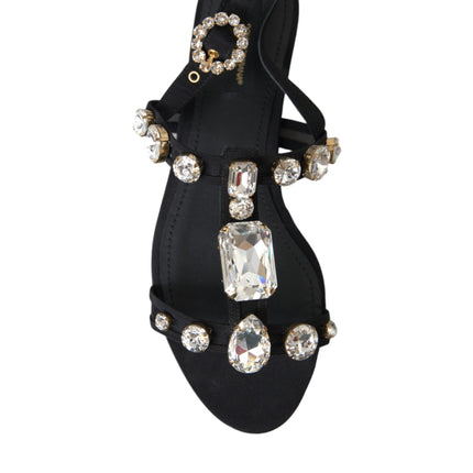 Black Leather Crystal Flats Sandals Shoes