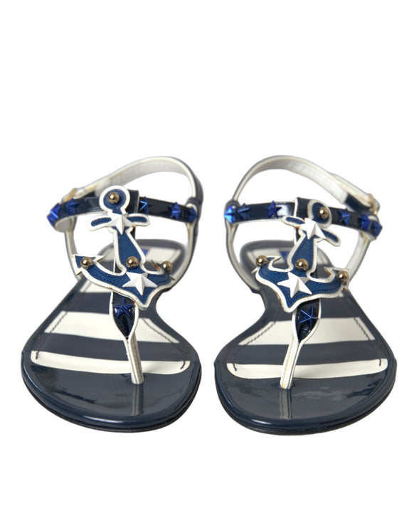 Blue Stripes Leather Studded Flats Sandals Shoes