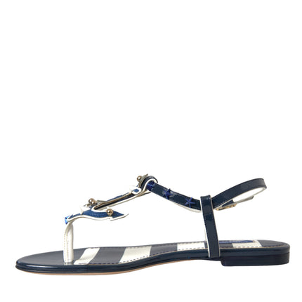 Blue Stripes Leather Studded Flats Sandals Shoes