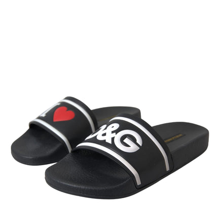 Black Leather I Love D&G Sandals Slides Shoes