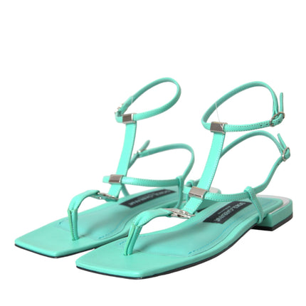 Aqua Green Leather Ankle Strap Flats Sandals Shoes