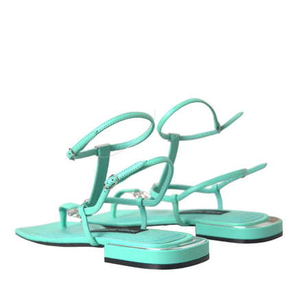 Aqua Green Leather Ankle Strap Flats Sandals Shoes