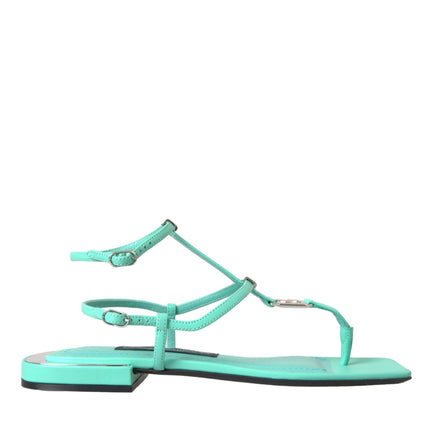 Aqua Green Leather Ankle Strap Flats Sandals Shoes