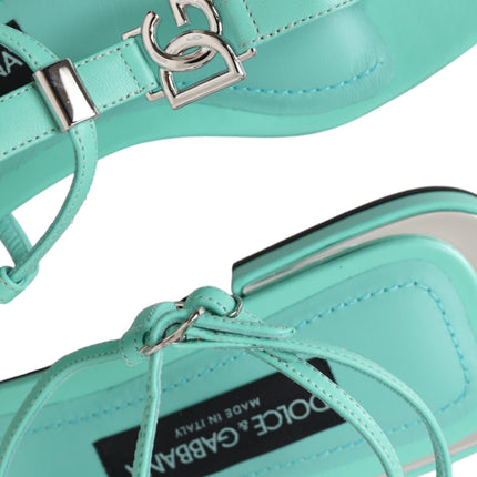 Aqua Green Leather Ankle Strap Flats Sandals Shoes