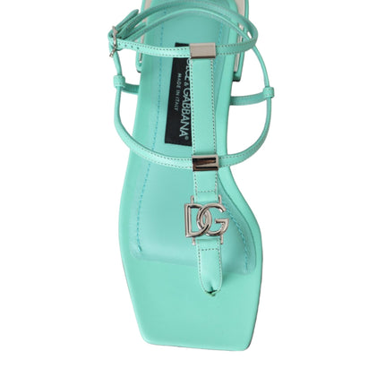 Aqua Green Leather Ankle Strap Flats Sandals Shoes