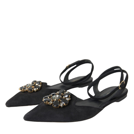 Black Leather Crystal Slingback Sandals Shoes