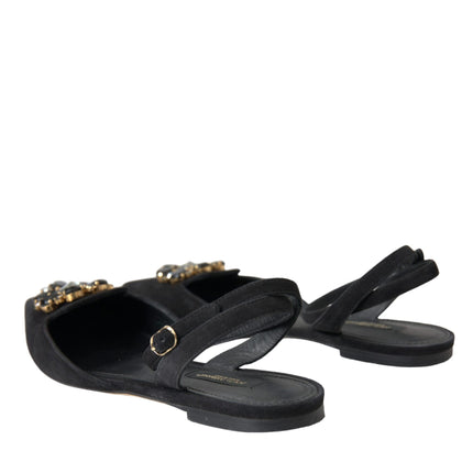 Black Leather Crystal Slingback Sandals Shoes