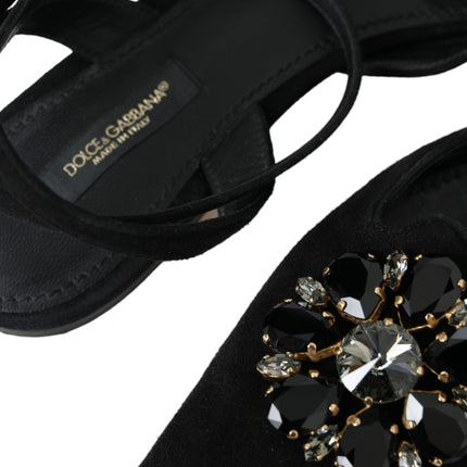 Black Leather Crystal Slingback Sandals Shoes