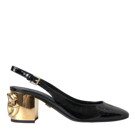 Black Gold Leather Embellished Slingbacks Shoes