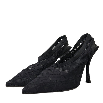 Black Lace Stretch Heels Slingbacks Shoes