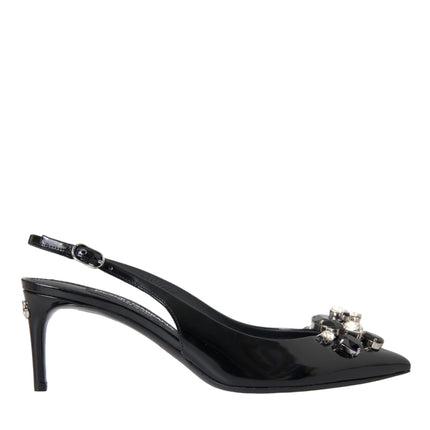 Black Patent Leather Crystal Slingback Shoes