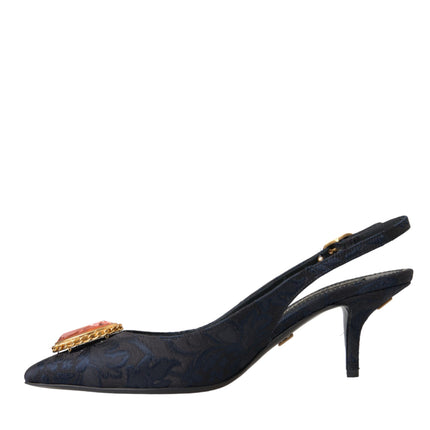 Blue Jacquard Crystal Slingback Heel Shoes