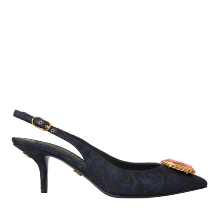 Blue Jacquard Crystal Slingback Heel Shoes