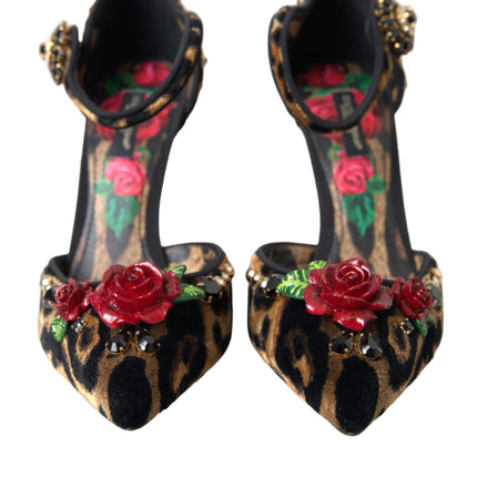 Brown Leopard Floral Crystal Mary Janes Pumps Shoes