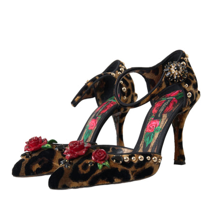 Brown Leopard Floral Crystal Mary Janes Pumps Shoes