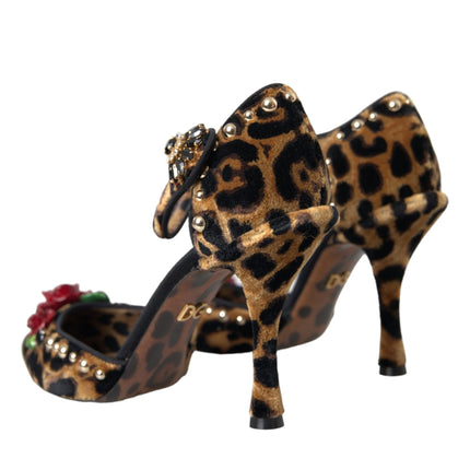 Brown Leopard Floral Crystal Mary Janes Pumps Shoes