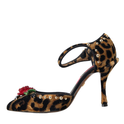 Brown Leopard Floral Crystal Mary Janes Pumps Shoes