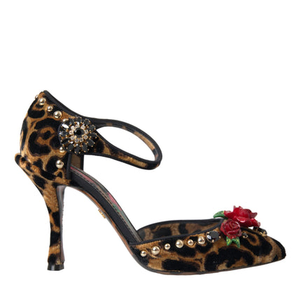 Brown Leopard Floral Crystal Mary Janes Pumps Shoes