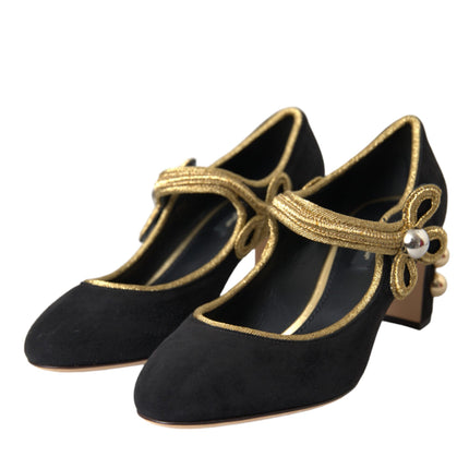 Black Suede Gold Mary Janes Heels Pumps Shoes