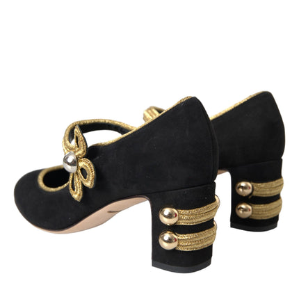 Black Suede Gold Mary Janes Heels Pumps Shoes