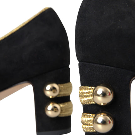 Black Suede Gold Mary Janes Heels Pumps Shoes