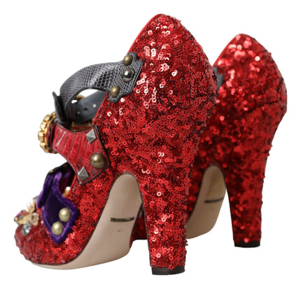 Red Sequined Crystal Mary Janes Pumps Shoes