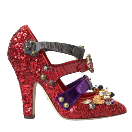 Red Sequined Crystal Mary Janes Pumps Shoes